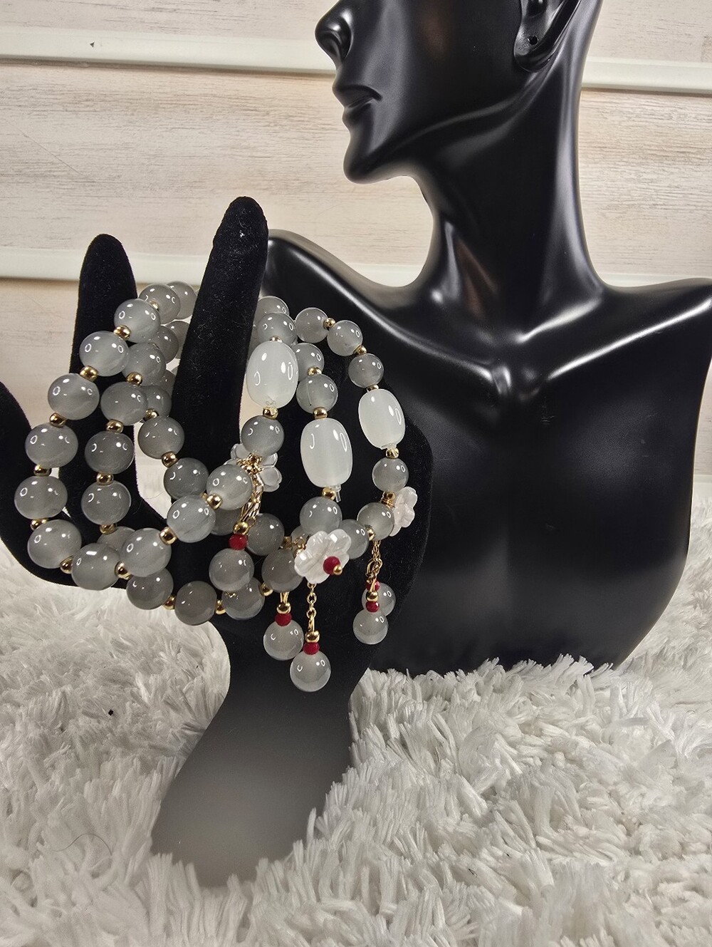 Gold-Accented White & Gray Beaded Women’s Necklace with Red Accent